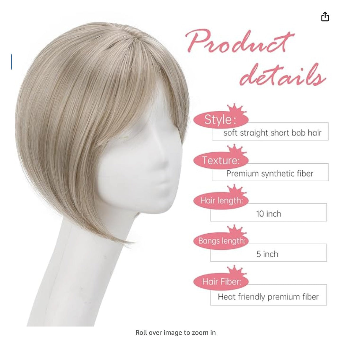 Hair Toppers for Women with Bangs Short Bob Synthetic Hair Pieces for Thinning H