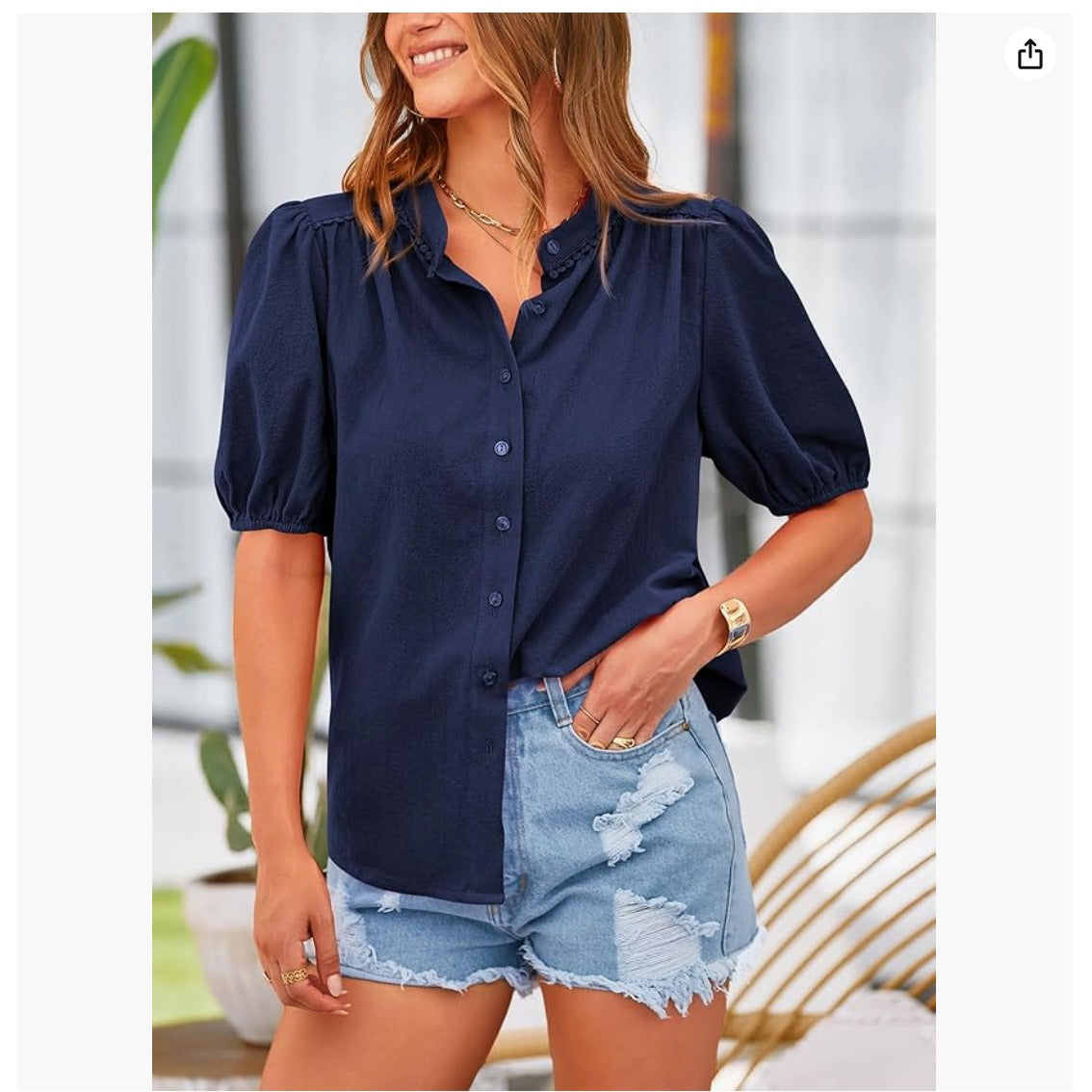 PrettyGarden women's summer button down shirt blue- Vintage looking, Hippie-chic